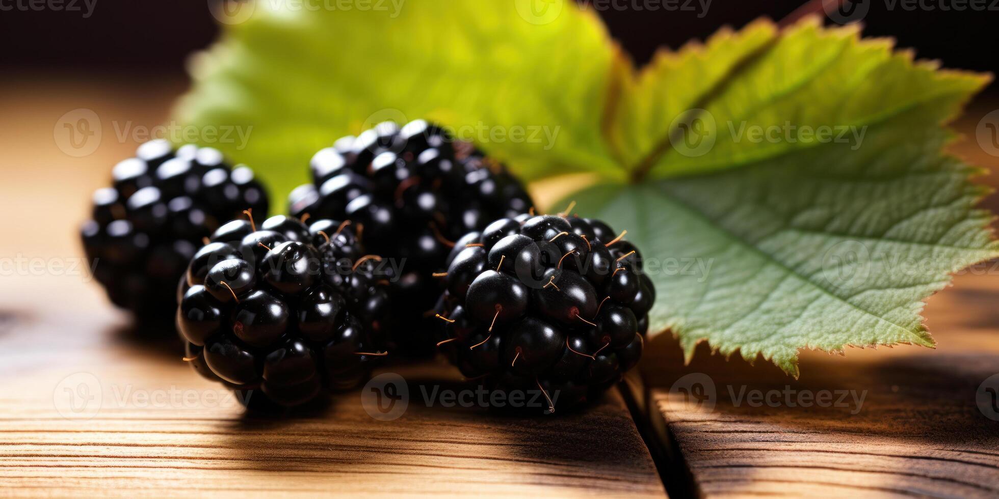 ai generado jugoso moras en rústico madera. foto