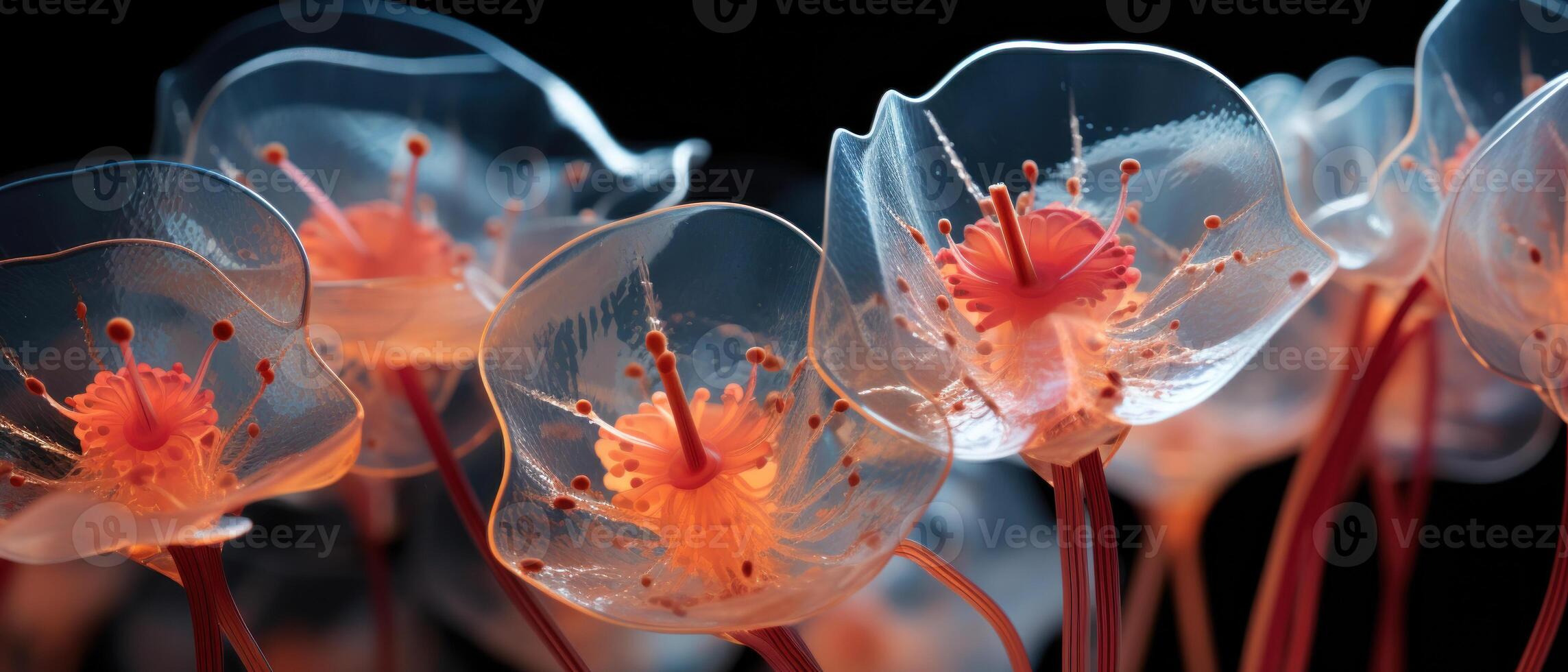 ai generado intrincado parecido a una medusa flores en contra un oscuro fondo, . foto