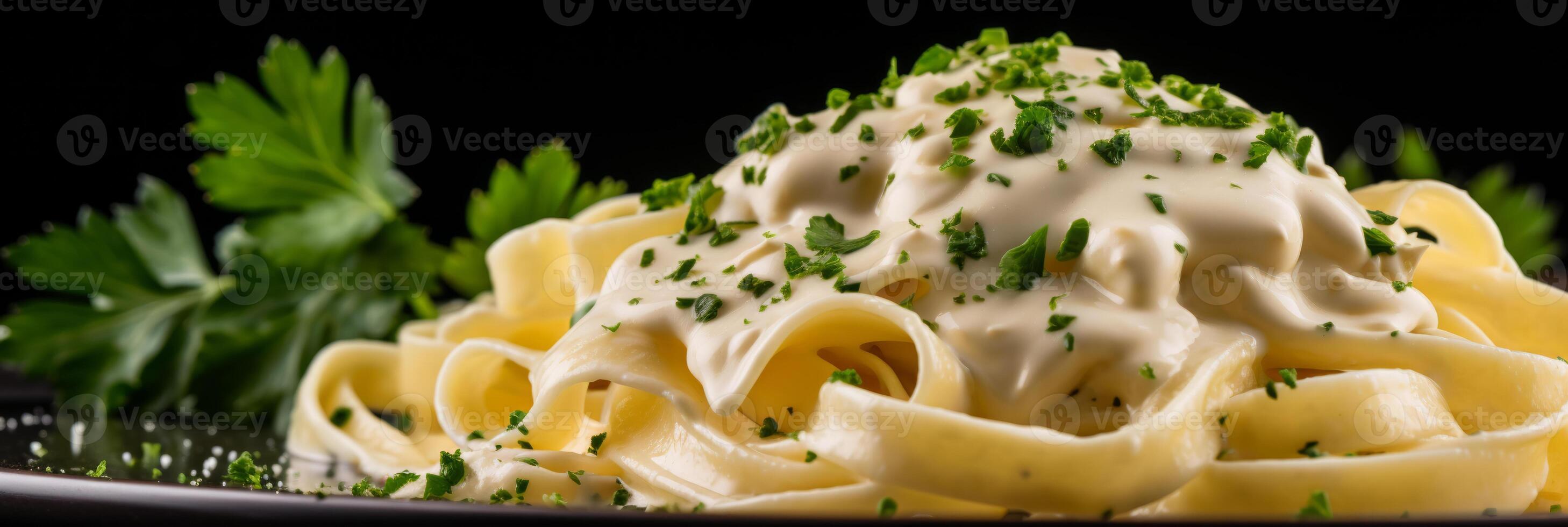 AI generated Delicious Italian pasta dish with creamy Alfredo sauce, garnished with parsley and parmesan. photo