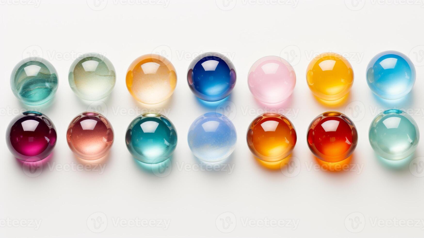 AI generated Row of colorful glass spheres on white surface, reflecting light. Concept of glass art, marbles collection, color variety, transparent objects. Top view photo
