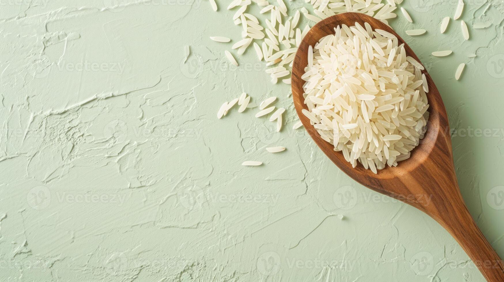 AI generated Uncooked white rice in wooden spoon on green textured background. Top view. Banner with copy space. Concept of cooking ingredient, healthy nutrition, cereal grain, and agricultura photo