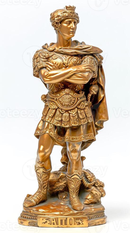 AI generated Gold statue of a man on white background. Concept of classical sculpture, luxury decor, antiquity art, golden statue, artistry, elegance, renaissance. Vertical format photo