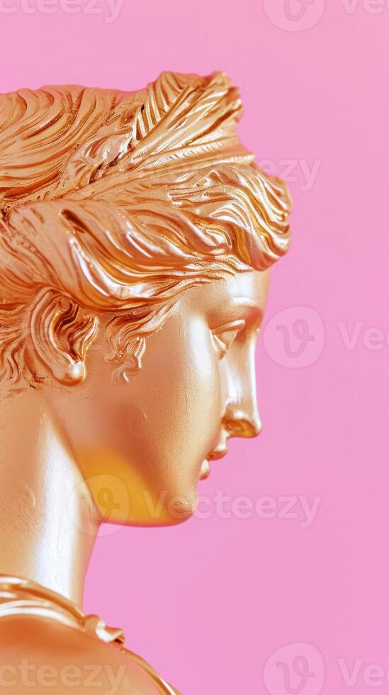 AI generated Gold sculpture of female head on a solid pink background. Concept of classical art, sculpture, golden statue, artistry, elegance, luxury decor. Vertical format photo