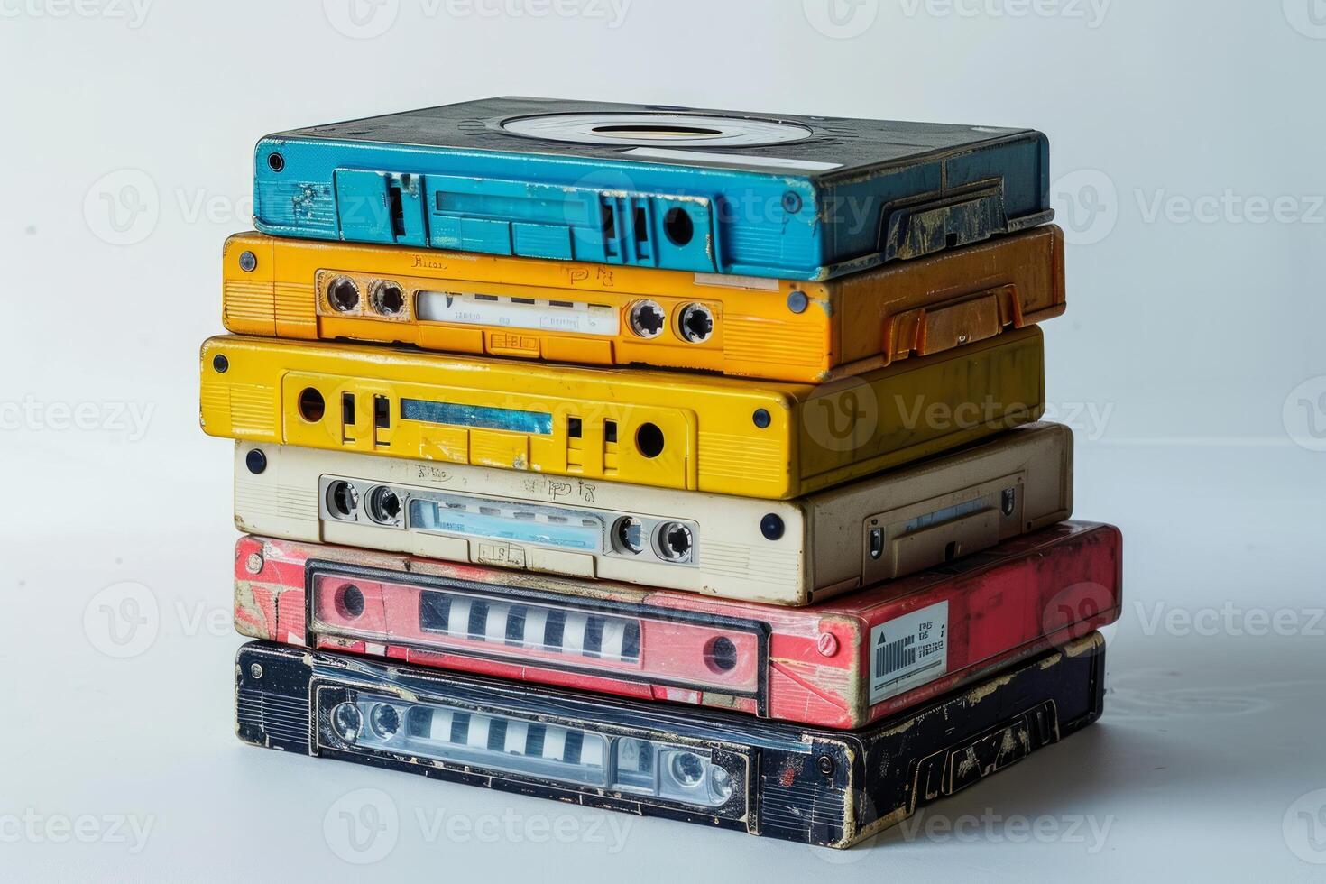 AI generated Collection of vintage cassette tapes in various colors on a light background. Concept of retro music, vintage collection, nostalgic technology, audio media. photo