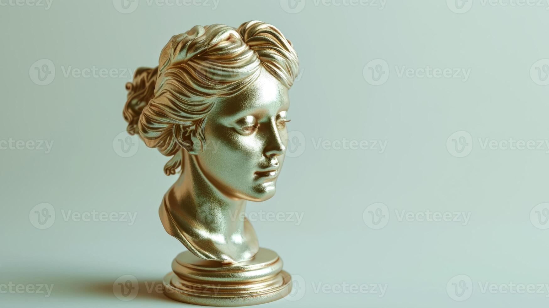 AI generated Golden sculpture of female head on a light green background. Banner with copy space. Concept of classical art, sculpture, golden statue, artistry, elegance, luxury decor. photo