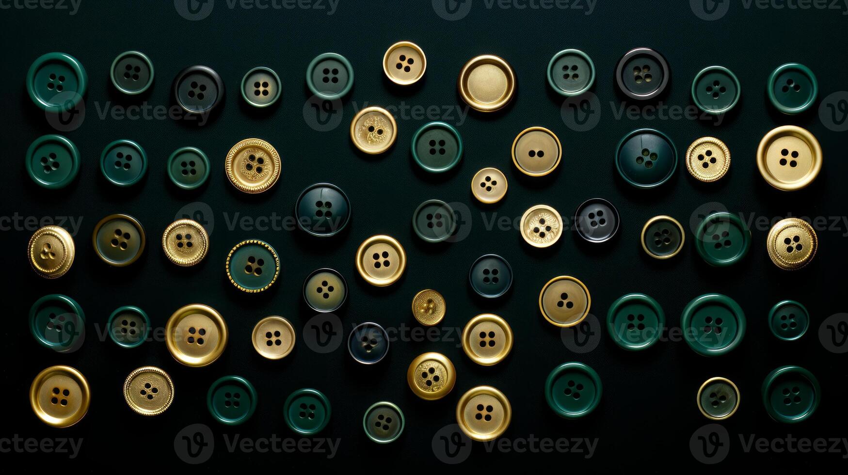 AI generated Collection of buttons in shades of green and gold on dark emerald background. Top view. Concept of sewing, fashion detail, tailoring accessories, craft materials. photo