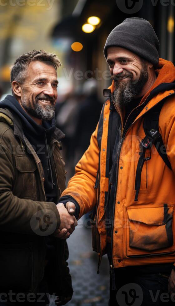 AI generated Two construction workers shake hands sealing a successful collaboration on the job site with professionalism and teamwork, construction and engineering image photo