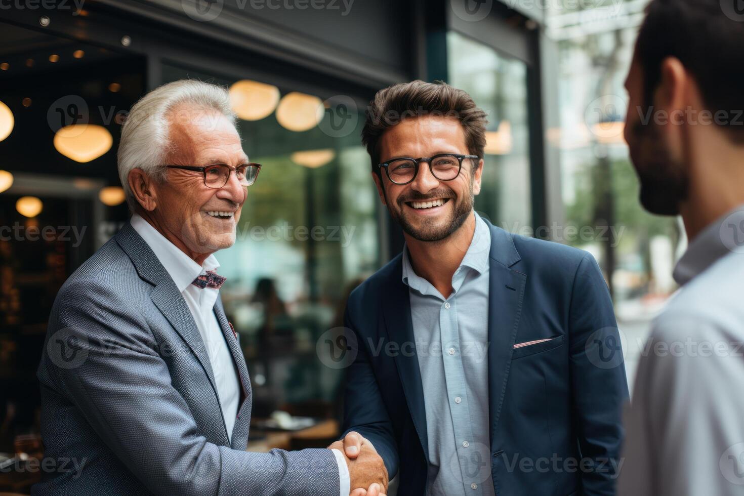 AI generated Businessman shaking hands in front of two business people agreement in a professional setting, professional job interview attire image photo