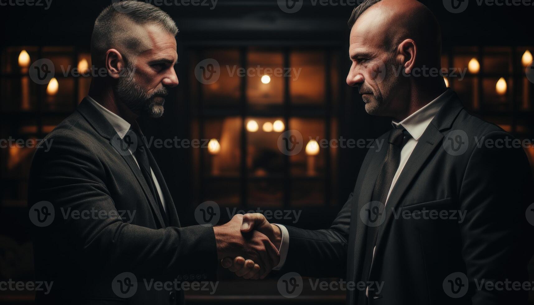 AI generated Two businessmen shake hands in agreement during a successful meeting, hiring image for startups photo