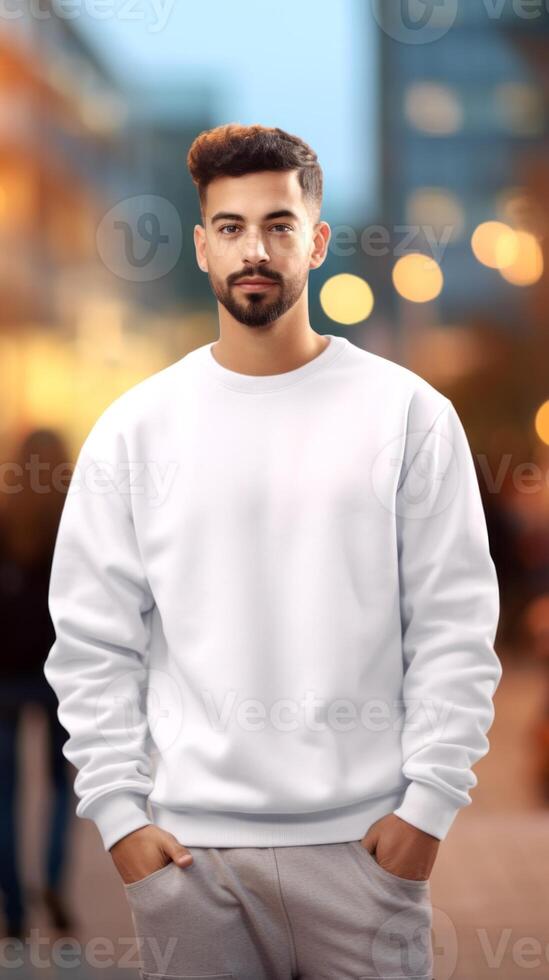 AI generated Handsome man wearing clean white sweatshirt. On a light blurred background. Outdoors. Sweatshirt Mockup. Concept of urban fashion, street style, template for design. Vertical format photo