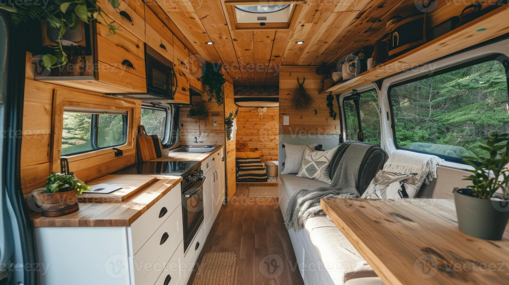 AI generated Modern camper van with cozy interior and beautiful views of nature from the windows. Concept of mobile living, adventure travel, road trips, and nature-connected lifestyles photo