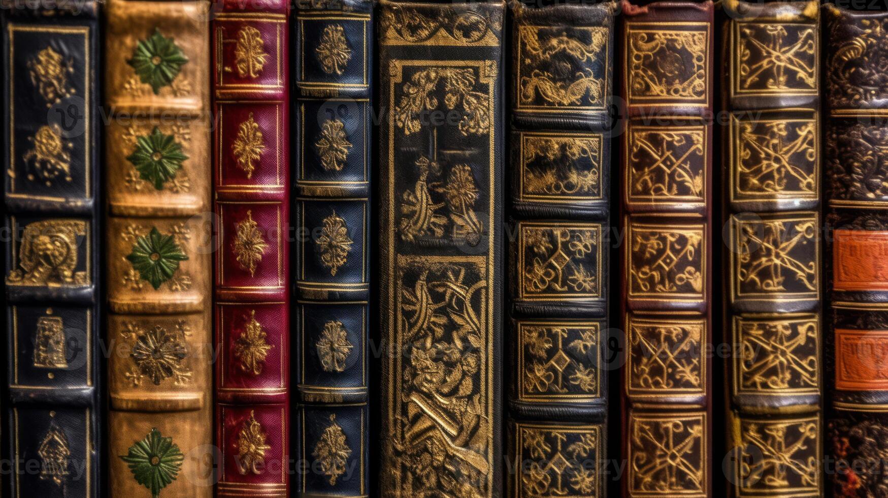 AI generated Elegant old books with decorative spines on shelf. Concept of vintage literature, decorative bookbinding, and classic reading material photo