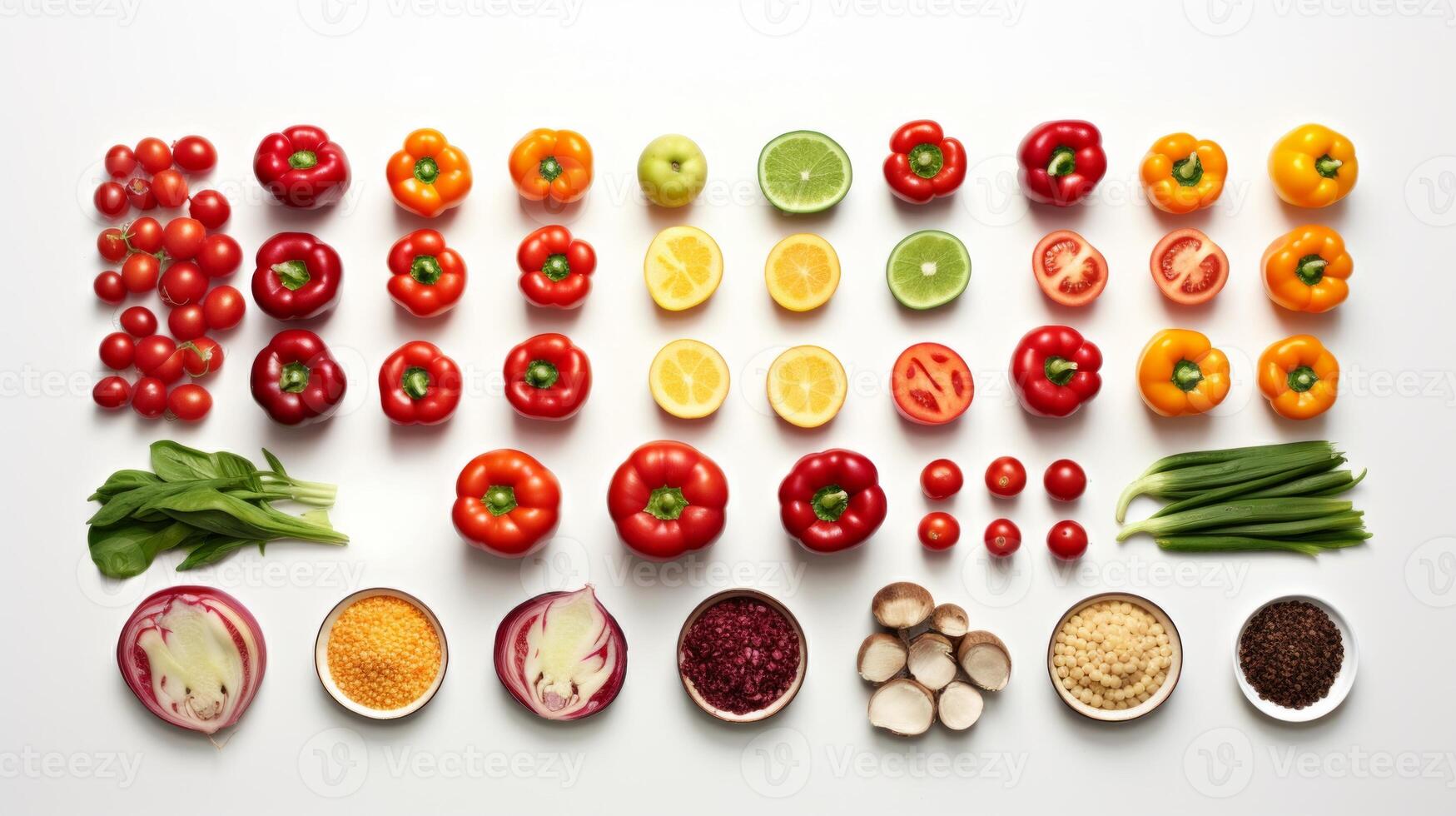 AI generated Overhead view of colorful fresh vegetables and grains neatly arranged on a white background photo