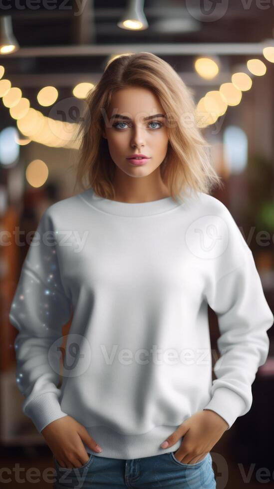 AI generated Young blonde woman wearing clean white sweatshirt. On a light blurred background. Indoors. Sweatshirt Mockup. Concept of urban fashion, street style, template for design. Vertical format photo