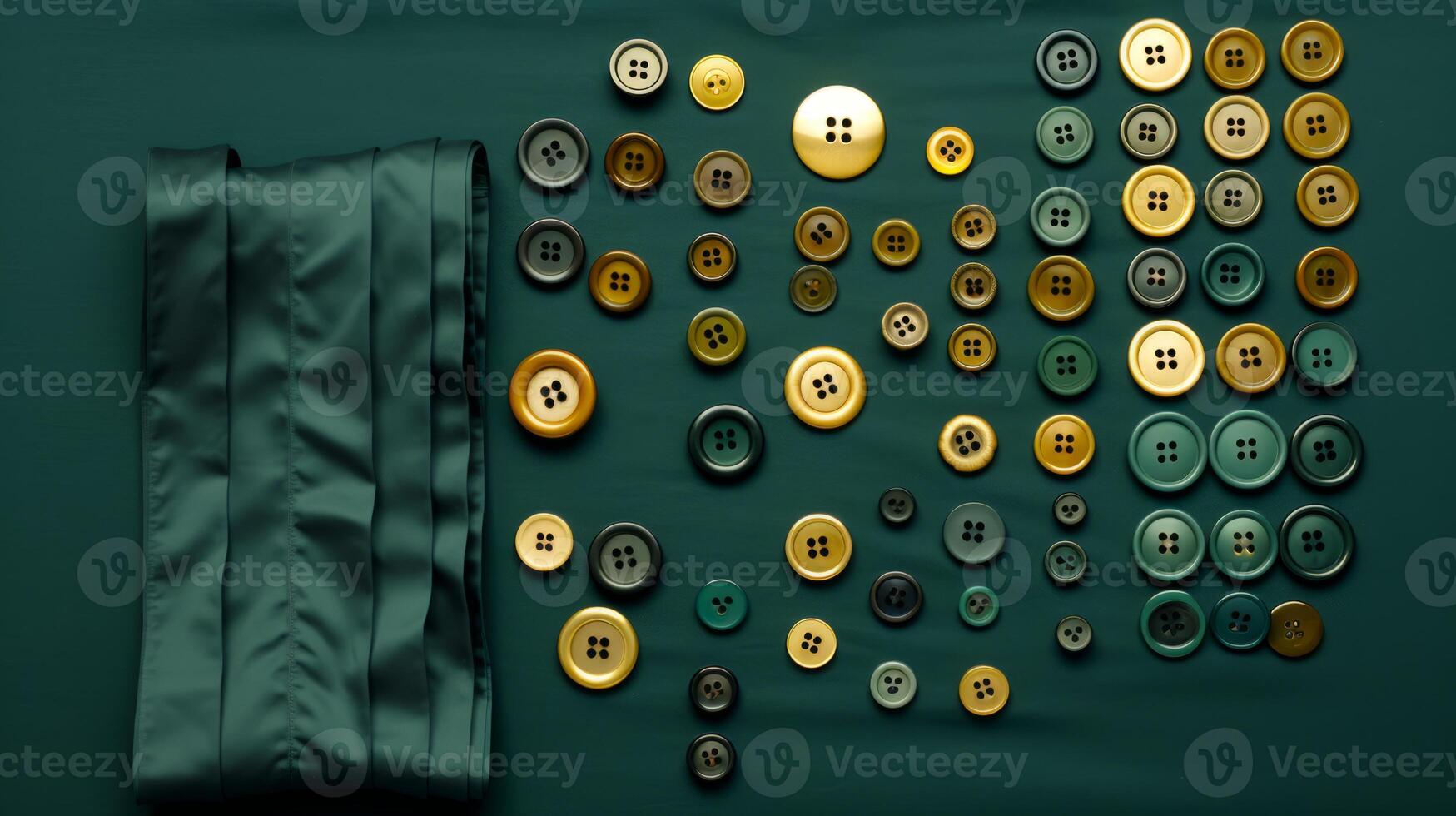 AI generated Assorted buttons with fabric for tailoring on dark emerald. Top view. Concept of tailoring, fashion design, sewing, crafts, clothing repair. photo