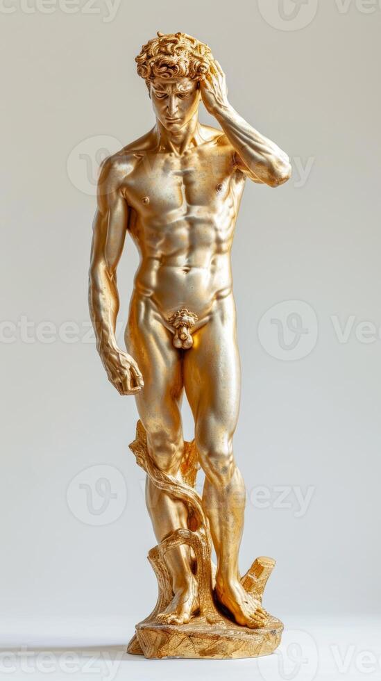 AI generated Gold statue of a man on a light background. Concept of classical sculpture, luxury decor, antiquity art, golden statue, artistry, elegance, renaissance. Vertical format photo