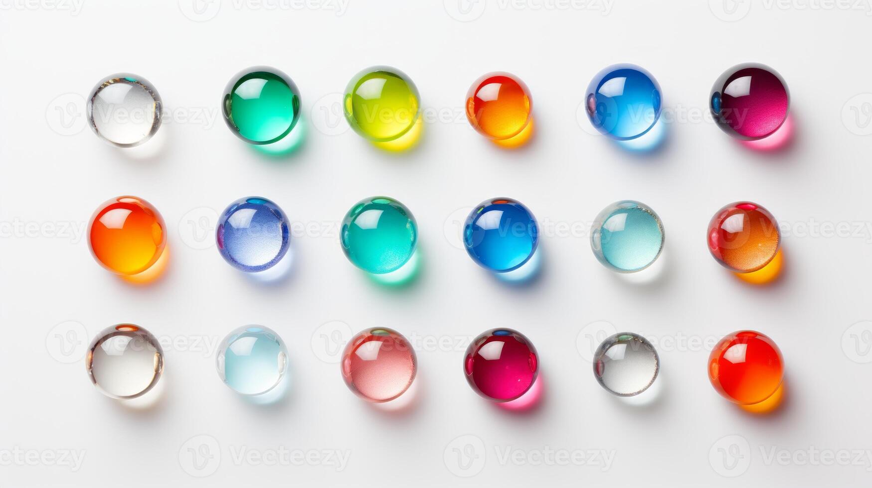 AI generated Row of colorful glass spheres on a white surface, reflecting light. Concept of glass art, marbles collection, color variety, transparent objects. Top view photo