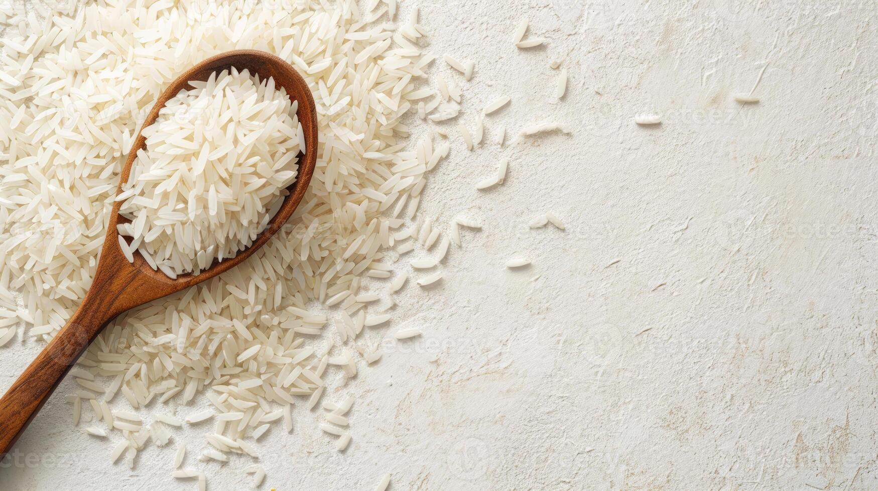AI generated Uncooked white rice in wooden spoon on white textured background. Top view. Banner with copy space. Concept of cooking ingredient, healthy nutrition, cereal grain, and agricultural photo