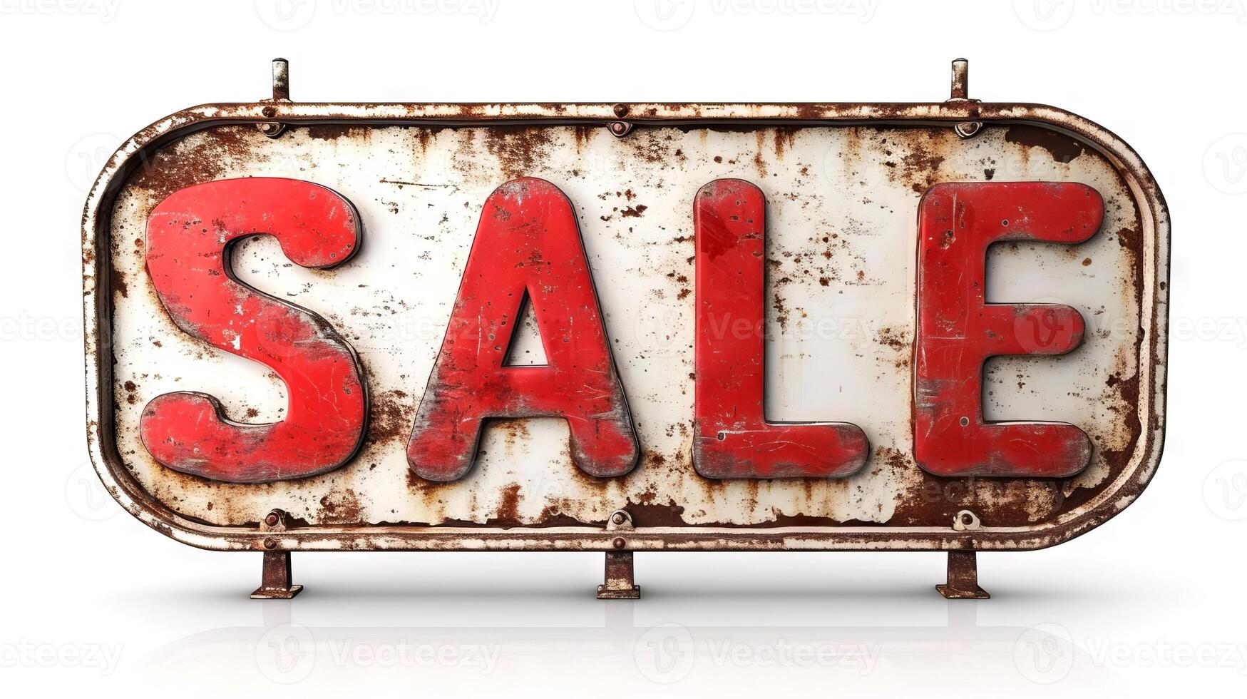AI generated Retro-style red SALE sign, distressed metal texture, bold lettering. On white background. Concept of retail promotion, clearance event, discount offer, vintage advertising. photo