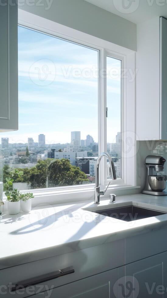 AI generated White kitchen with expansive windows offering an urban outlook. Suitable for design inspiration, home decor catalogues, and property advertisements. Vertical format. photo