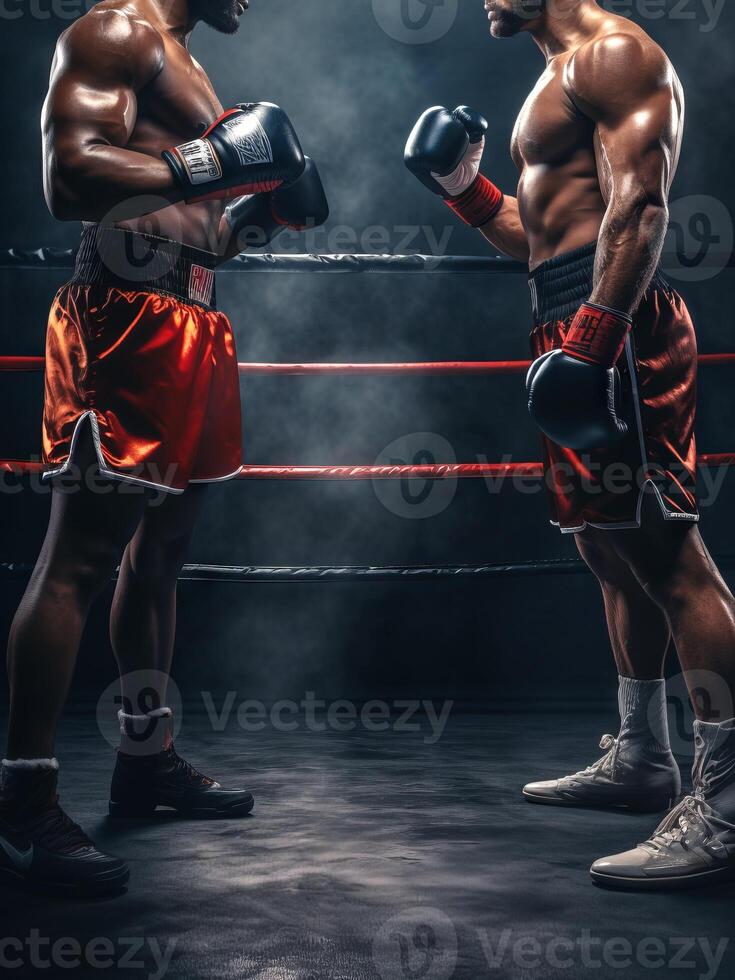AI generated Opposing fighters in boxing gear, concentrated and ready to spar. Concept of competition, athletic challenge photo