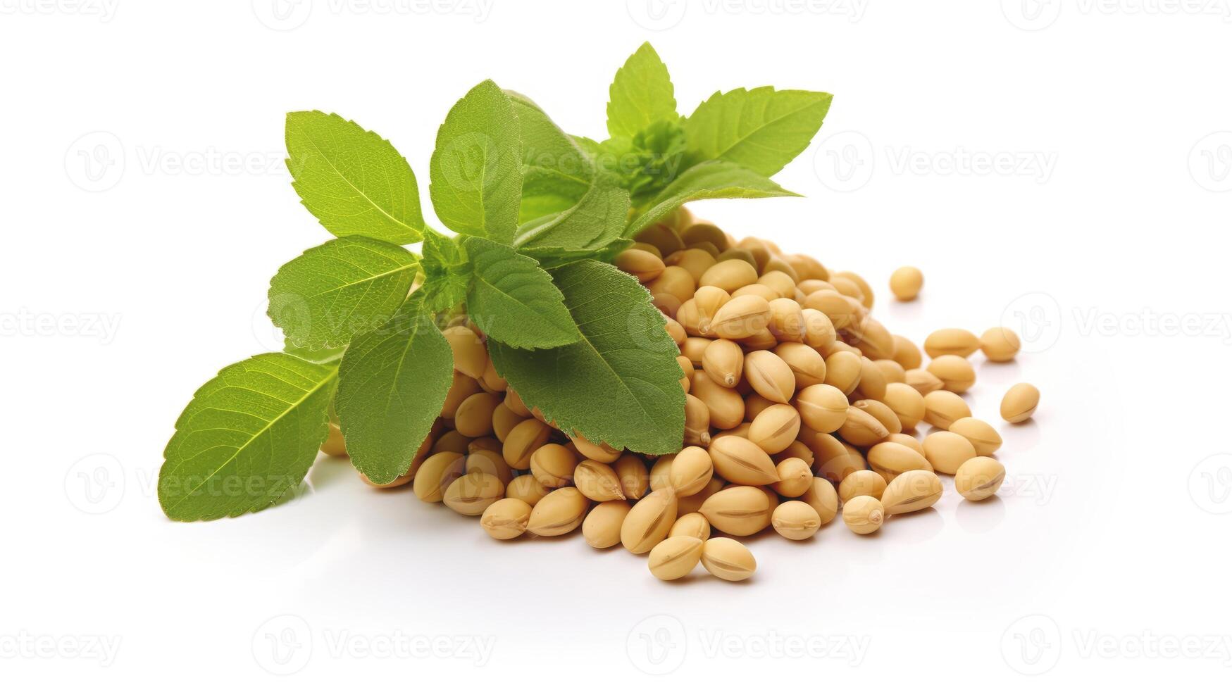 AI generated Soybeans with mint leaves isolated on a white background. Ideal for food and health related content. For banner, poster, advertising, web design, organic food store, supermarket photo