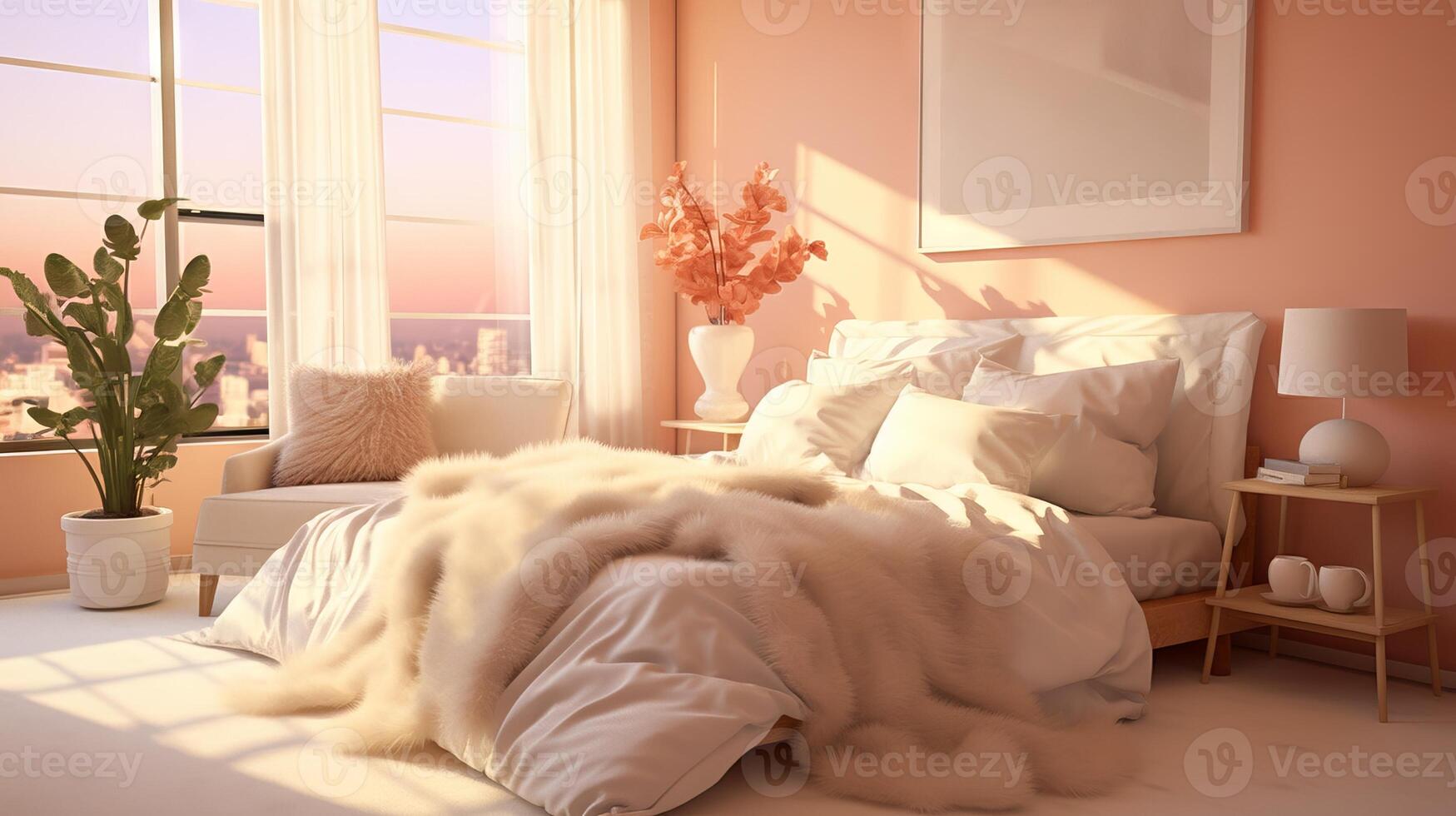 AI generated Stylish bedroom interior with natural light. In a fashionable trendy color Peach. Perfect for interior design, real estate, home decor advertisements, boutique hotels photo