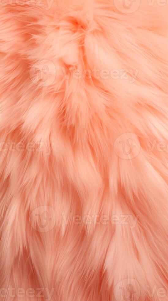 AI generated Close up of peach colored fur texture, soft and fluffy appearance. Ideal for fashion design backgrounds or textile visuals. Fluffy wallpaper. Vertical format. photo