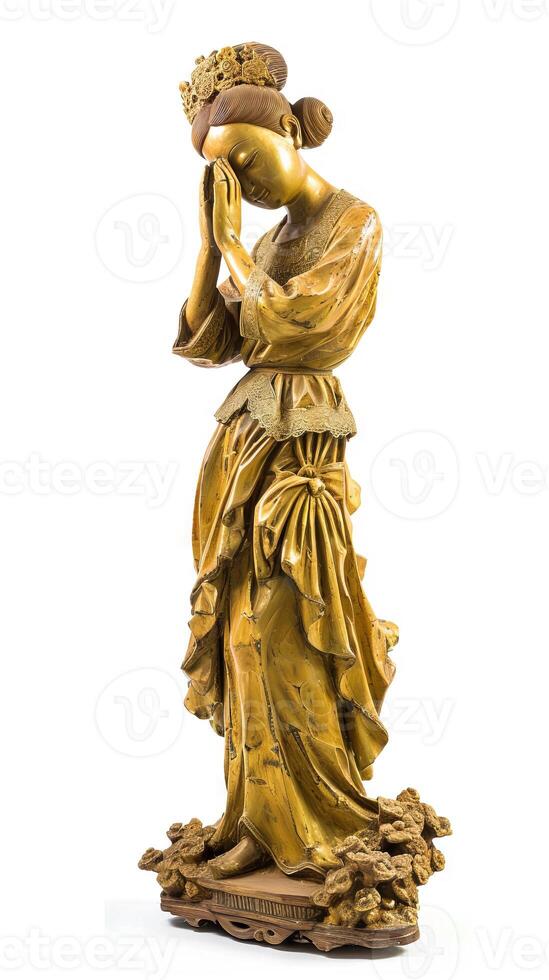 AI generated Shiny golden female figure sculpture on a white backdrop. Concept of classical art, luxury decor, sculpture, golden statue, artistry, elegance. Vertical format photo