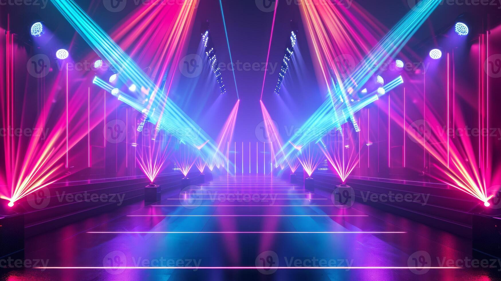 AI generated Vibrant Modern futuristic concert stage with dynamic neon purple blue red illumination. Modern Night Club. Concept of virtual reality events, futuristic concerts, and high tech photo
