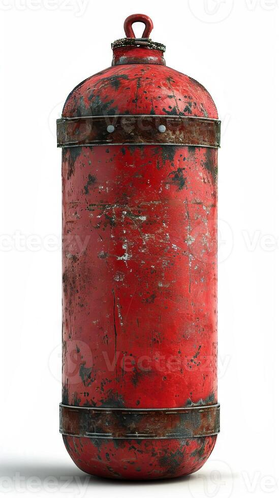 AI generated Vintage red fire extinguisher with peeling paint isolated on white. Concept of vintage safety equipment, firefighting gear, emergency apparatus, and distressed object. photo