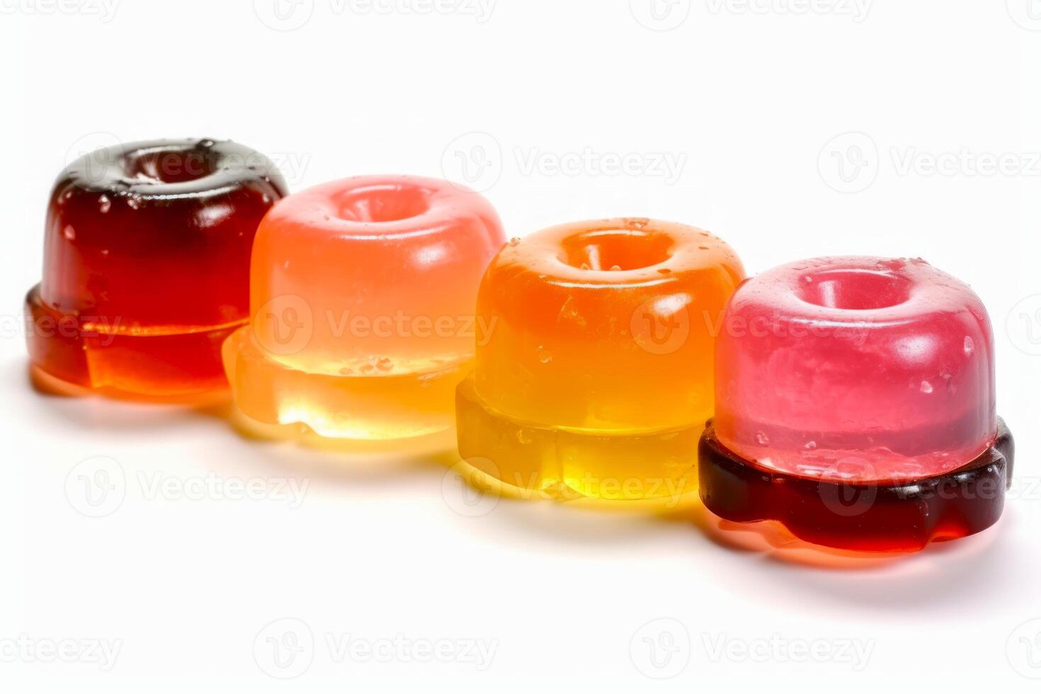 AI generated Colorful jelly desserts on clear white background. For use in nutritional guides, food blogs, catering services, recipe books, and dessert menus photo