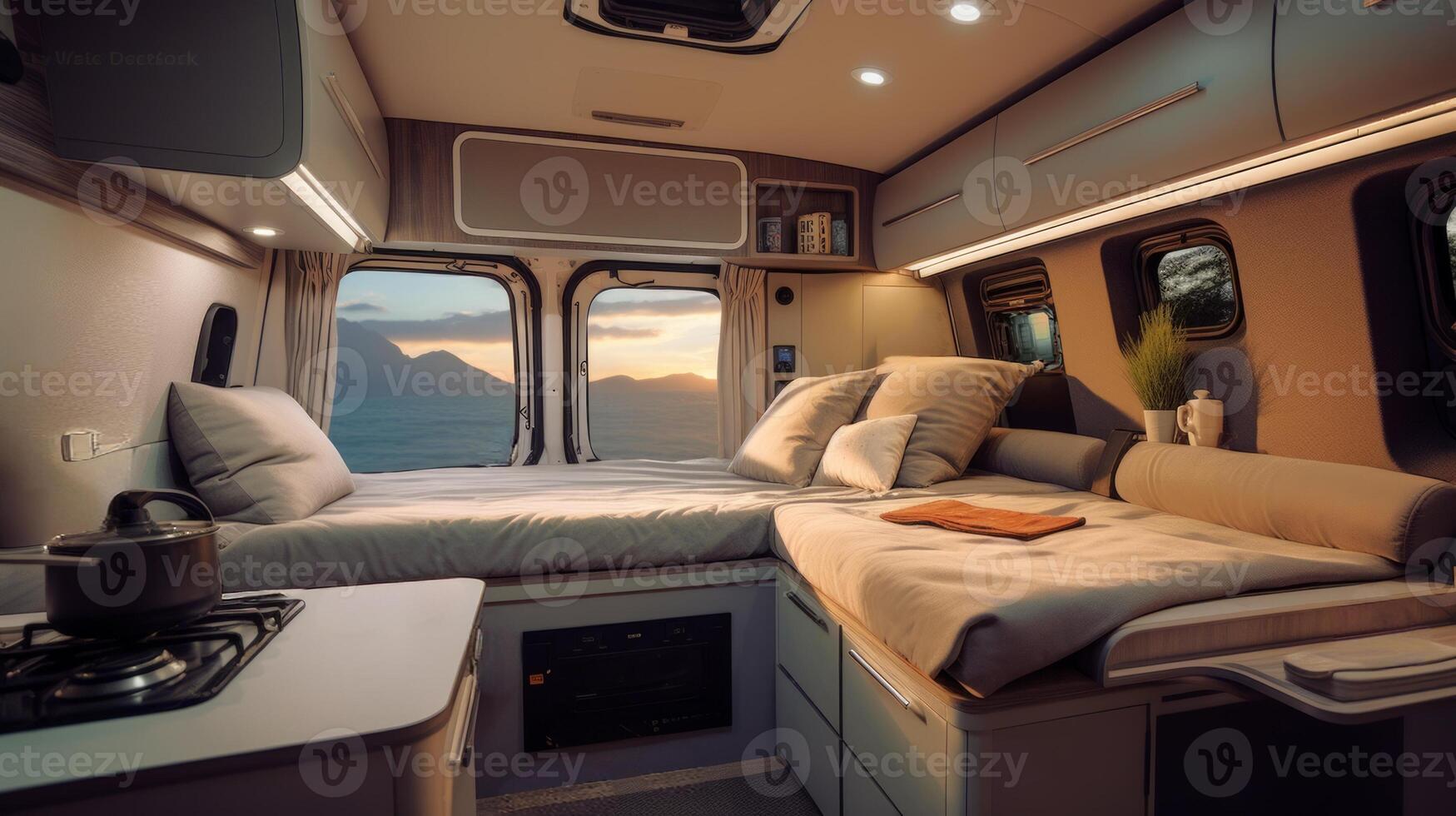AI generated Interior of a contemporary RV featuring and nature outside. Concept of mobile living, adventure travel, road trips, and nature connected lifestyles photo