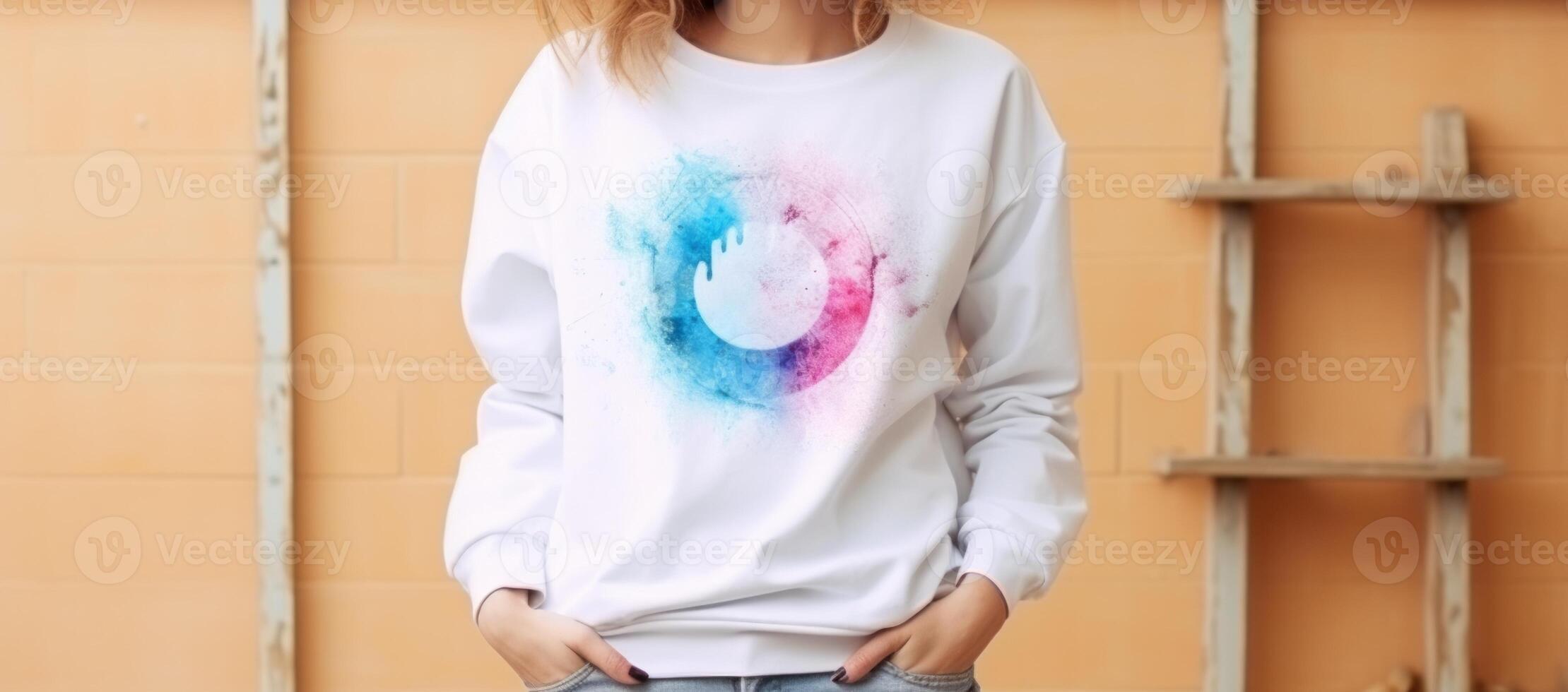 AI generated Woman in a white sweatshirt with a colorful watercolor print, standing against a brick wall. Concept of casual fashion, urban streetwear, artistic clothing design photo
