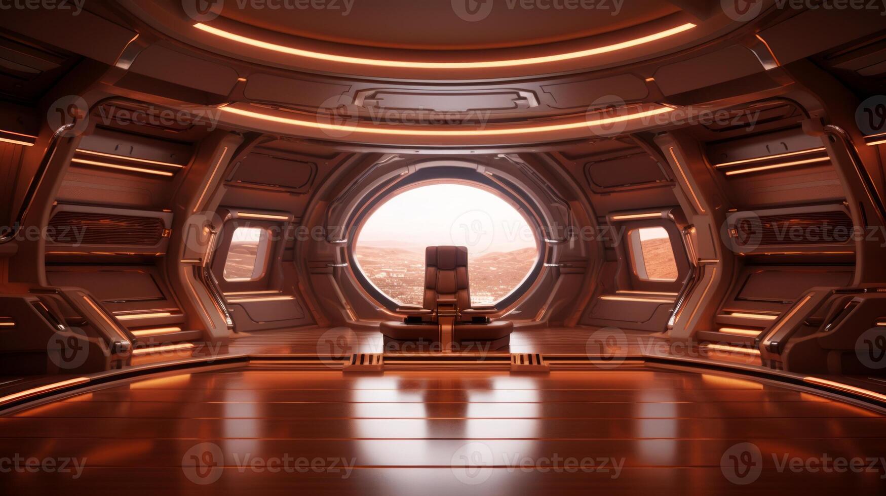 AI generated Futuristic spacecraft interior in a minimalist style. Concept of space travel, future technology, exploration, cosmic living, and Earth observation photo