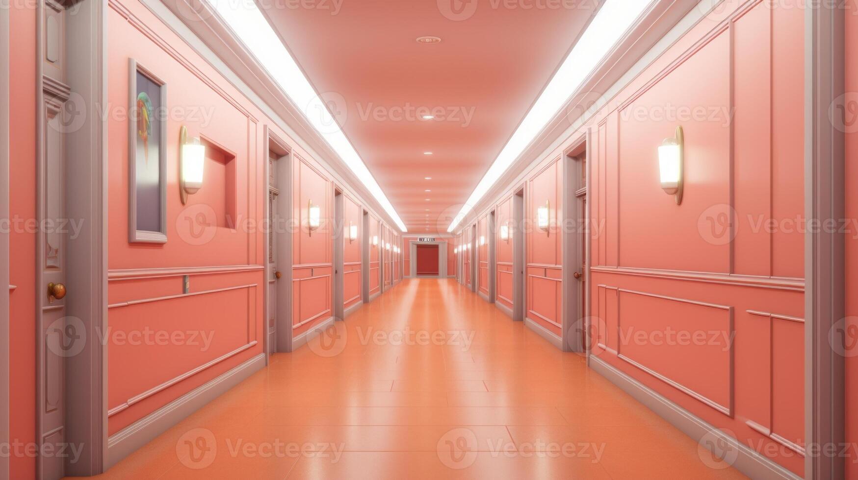 AI generated Peach colored hotel hallway with multiple doors and polished floor. Ideal for hotel design, luxury apartment complexes, hospitality marketing, and architectural visualization photo