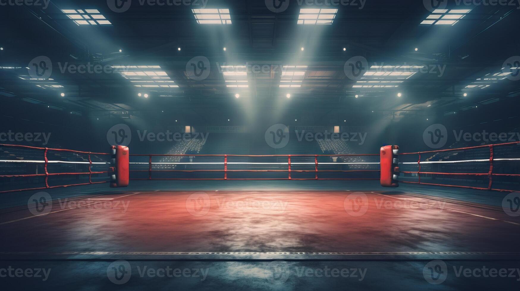 AI generated Illuminated boxing ring with blue and red corners under spotlights. Concept of sports, competition, boxing, combat sports, training Sessions. photo