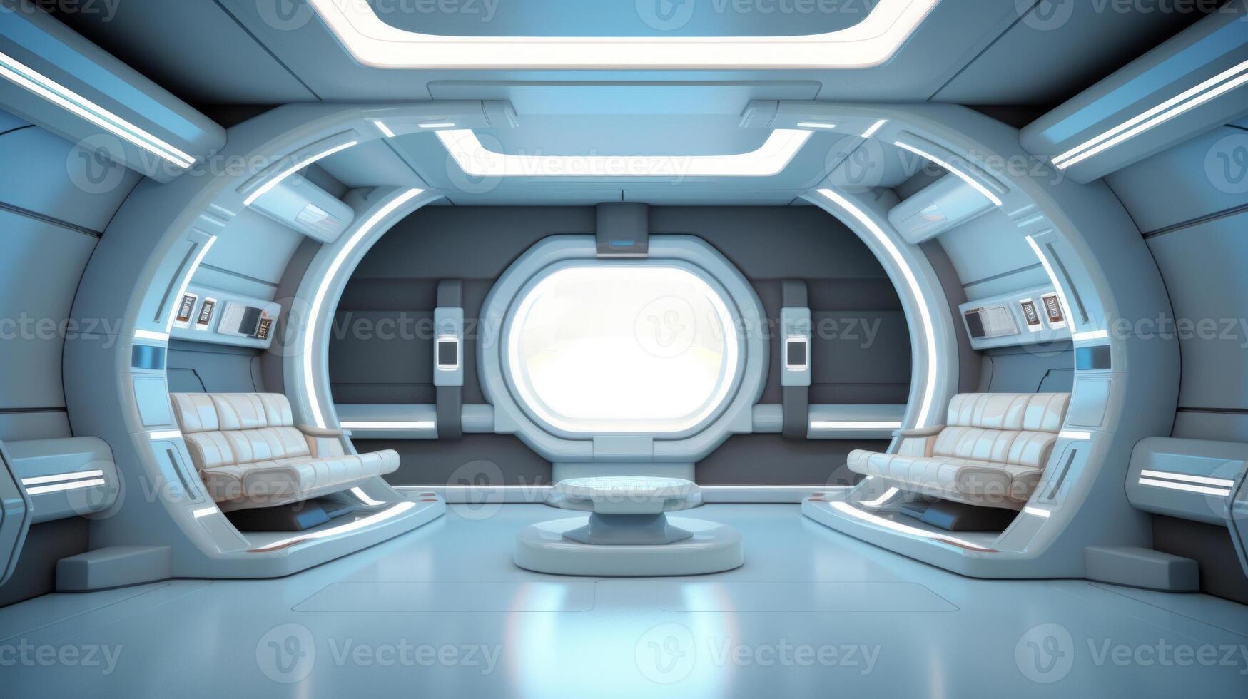 AI generated Futuristic spacecraft interior in a minimalist style. Concept of space travel, future technology, exploration, cosmic living, and Earth observation photo