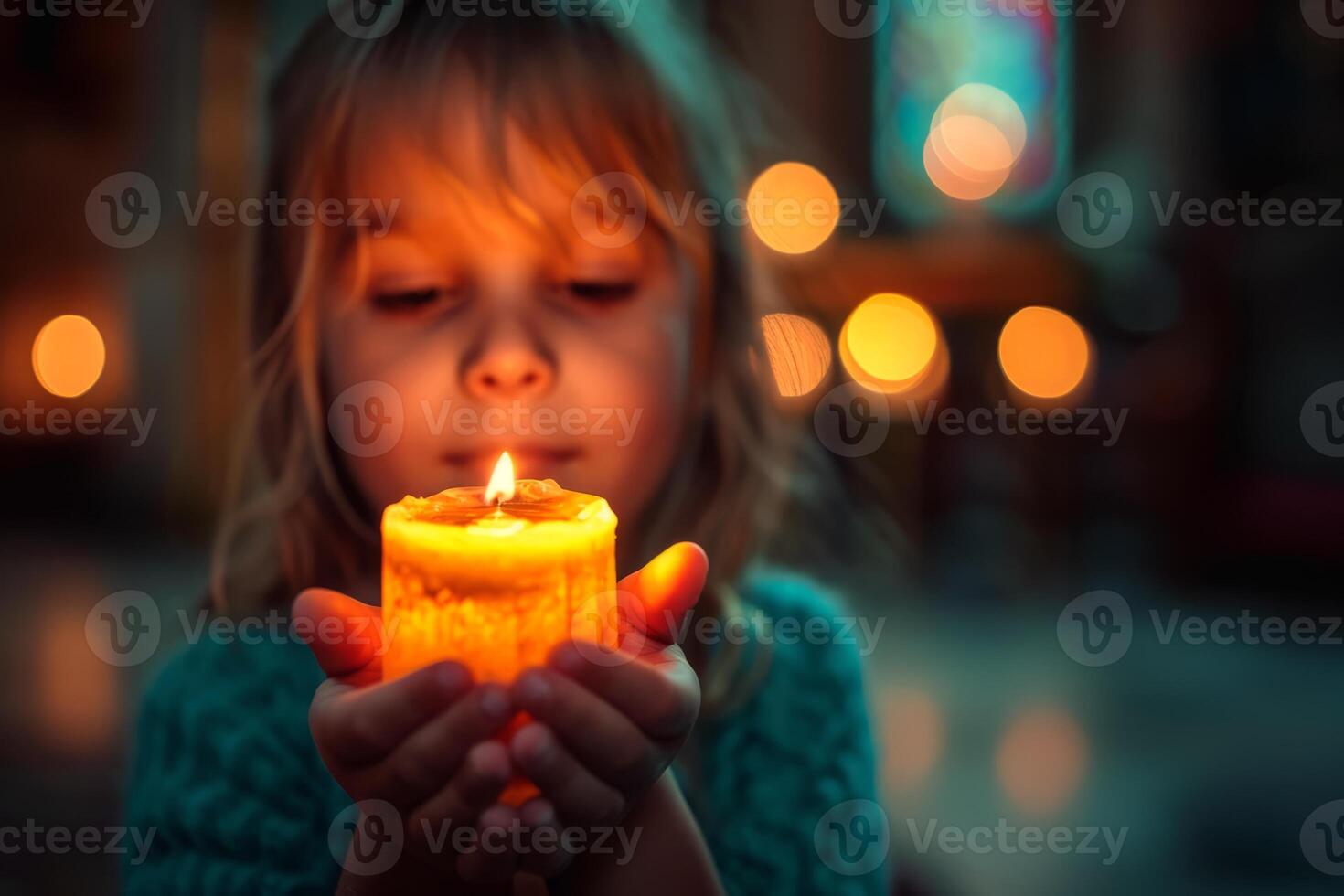 AI generated Child holding in hands glowing candle with blurred bokeh background. Copy space. Ideal for holiday themes, Easter celebrations, religious, spiritual content, or candle safety awareness. photo