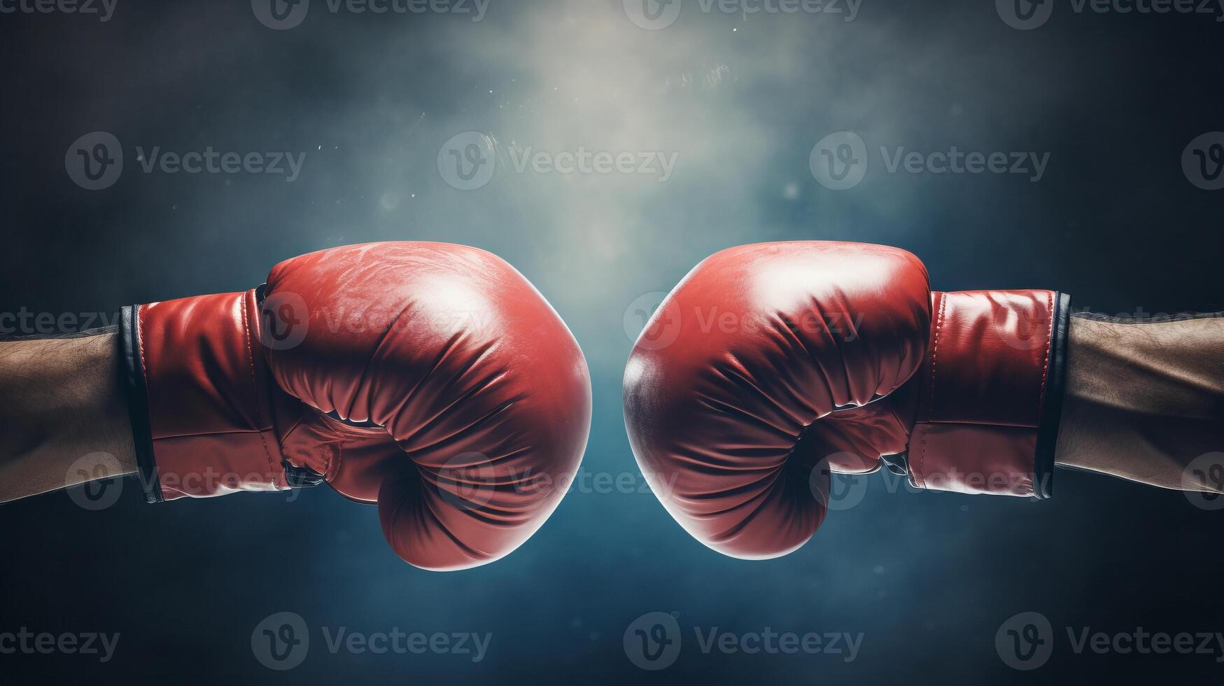 AI generated Impact moment between two boxing gloves. Fist bump. Concept of competition, opposing forces, training, sport competition, and the dynamic nature of boxing photo