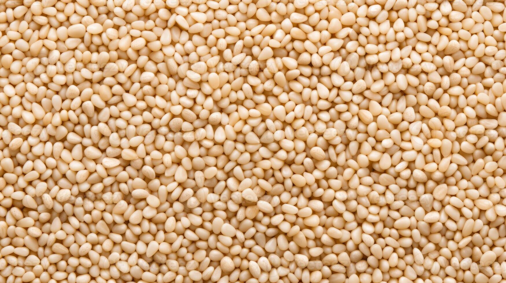 AI generated Top view of White sesame seeds. Background texture of raw White sesame seeds. Superfood. Copy space. Banner. Culinary and food concepts photo