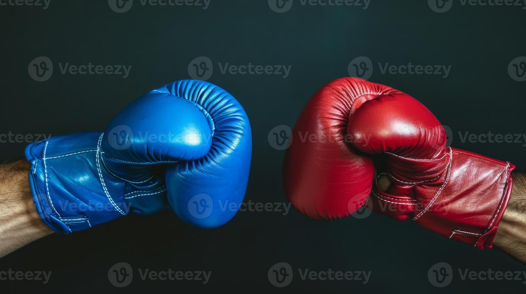 AI generated Impact moment between red and blue boxing gloves, dynamic moment. Fist bump. Dark background. Concept of competition, opposing forces, training, sport competition, and the dynamic nature photo