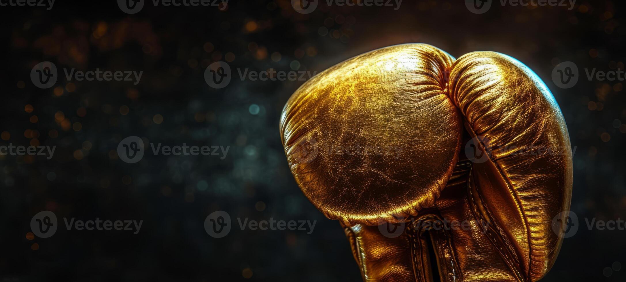 AI generated Luxurious Golden boxing glove with a shimmering effect on sparkling bokeh background. Concept of victory and success in sports, the glamour of athletic achievement, and the brilliance photo