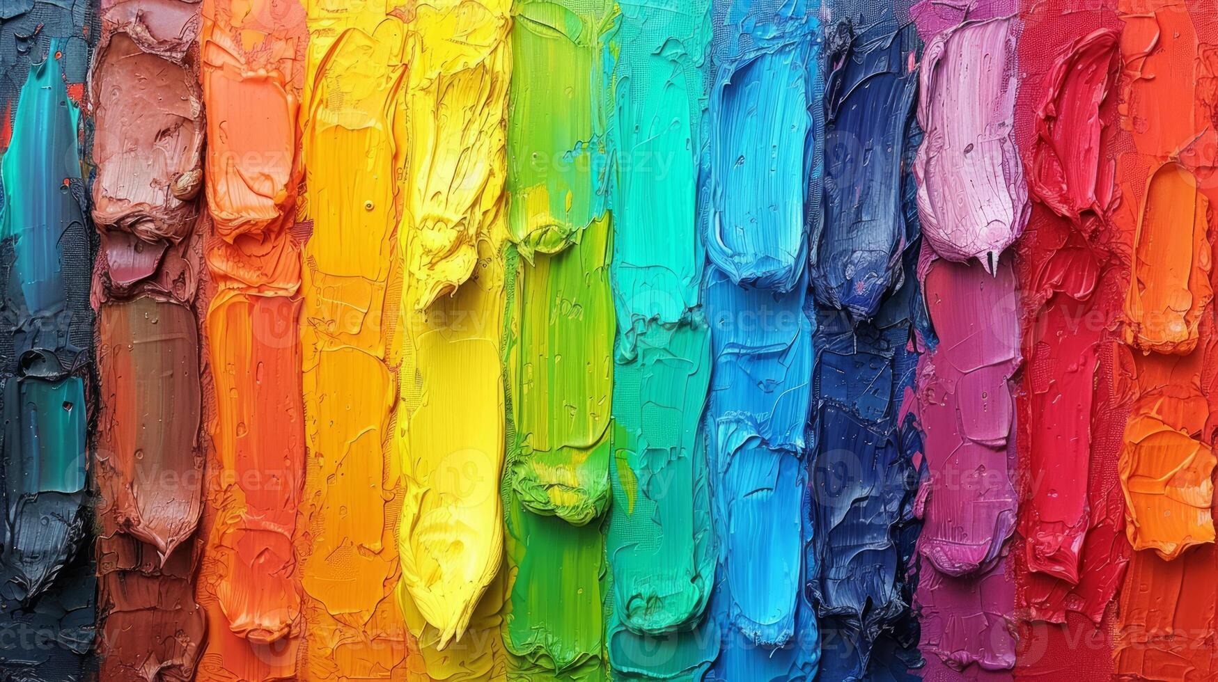 AI generated Vibrant, textured strokes of rainbow oil paint applied thickly on a surface. Bright background. Concept of art, painting, color spectrum, texture photo