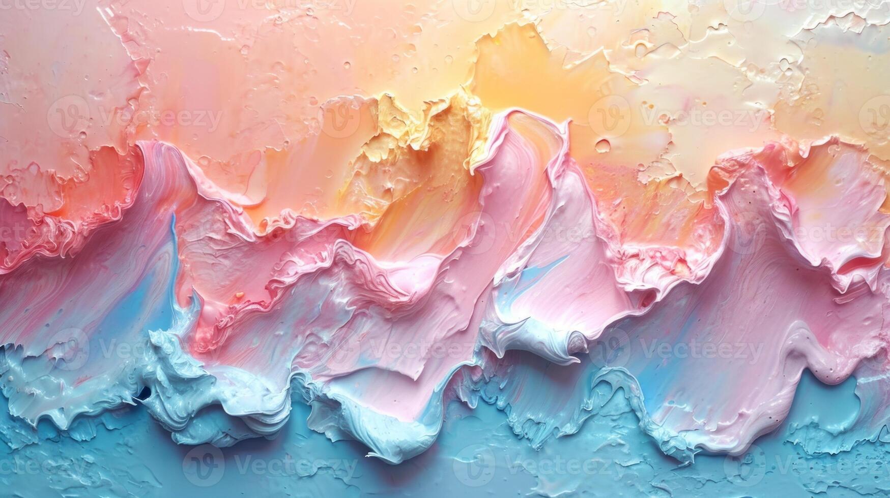 AI generated Abstract textured smears of oil paint with soft peach, pink and blue pastel tones. Concept of artistic backdrop, color blending, calming background. photo