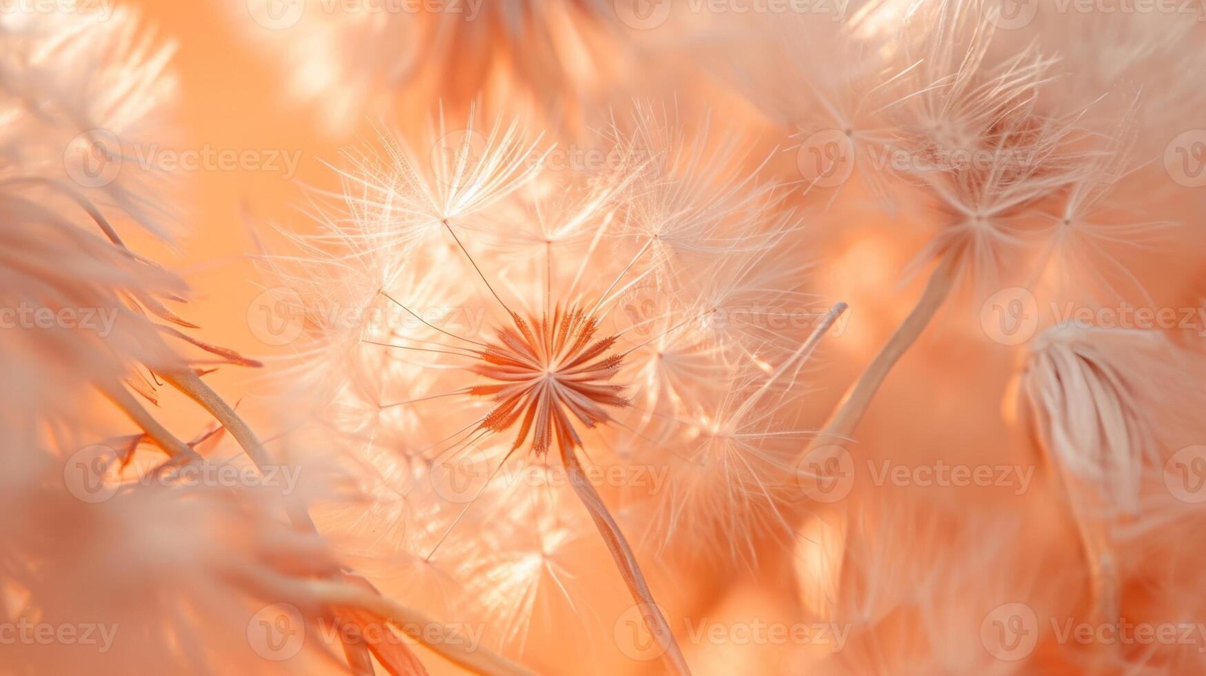 AI generated Dandelion fluff with trendy pastel Peach colors. Abstract fashionable background. Concept of delicate beautiful backdrop, serene and calmness, warm orange hue, natures patterns photo