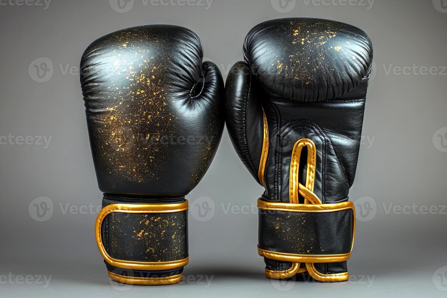 ai generado negro boxeo guantes con oro motas y podar en un gris antecedentes. concepto de boxeo engranaje, atlético formación equipo, y elegante Deportes accesorios foto