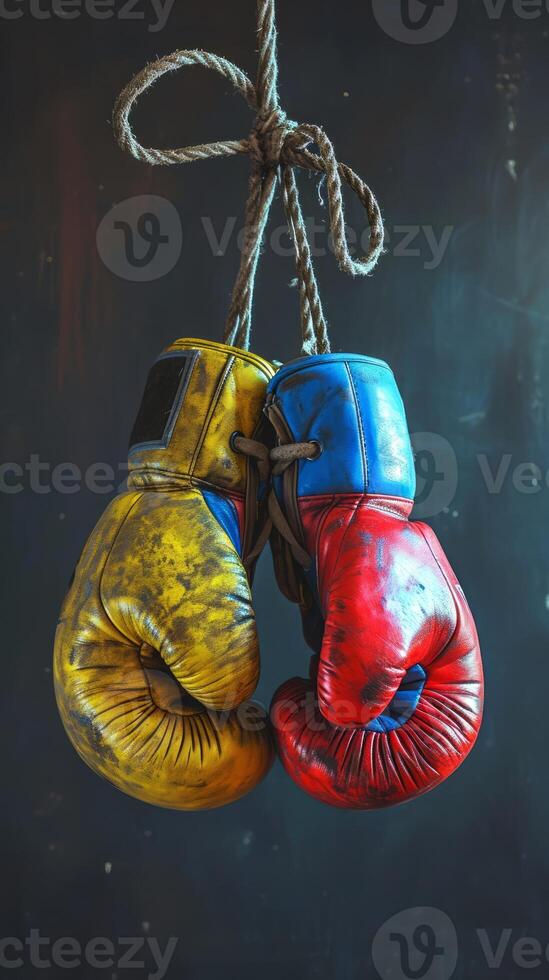 AI generated Pair of old colorful boxing gloves hang side by side against a dark background. Concept of Sports, Competition, Endurance, Passage of Time photo