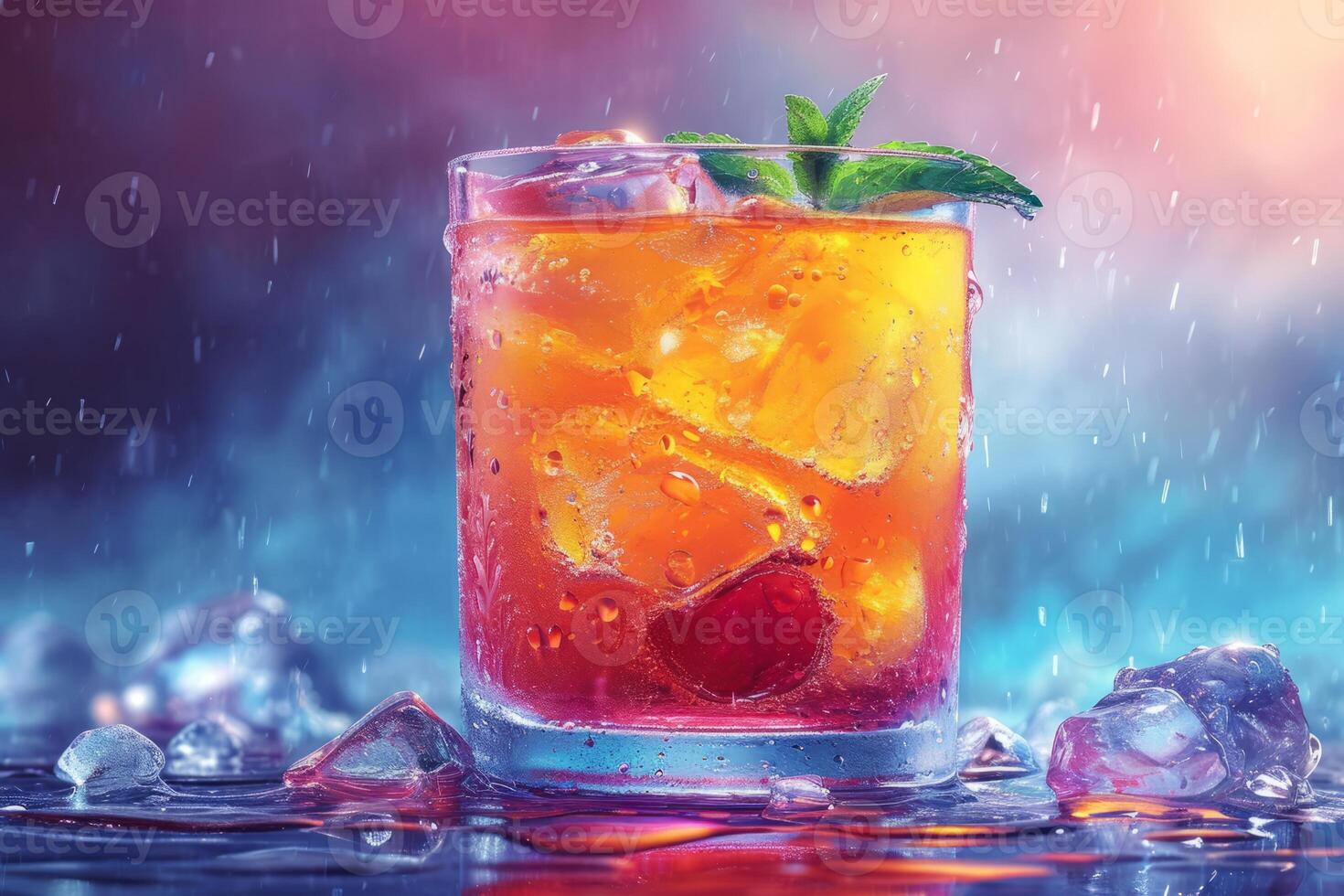 AI generated Glass of Sherbet, a traditional oriental sweet drink, with vibrant colors and served with ice, showing the condensation on the glass photo