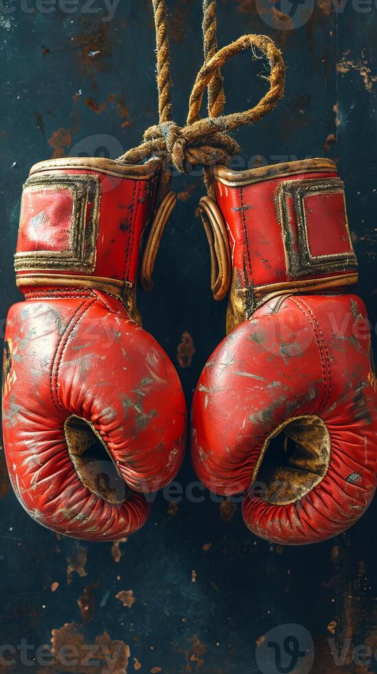 AI generated Vintage red boxing gloves with leather straps hanging on dark, distressed background. Concept of traditional boxing, historic sports equipment, and the enduring spirit of boxing photo